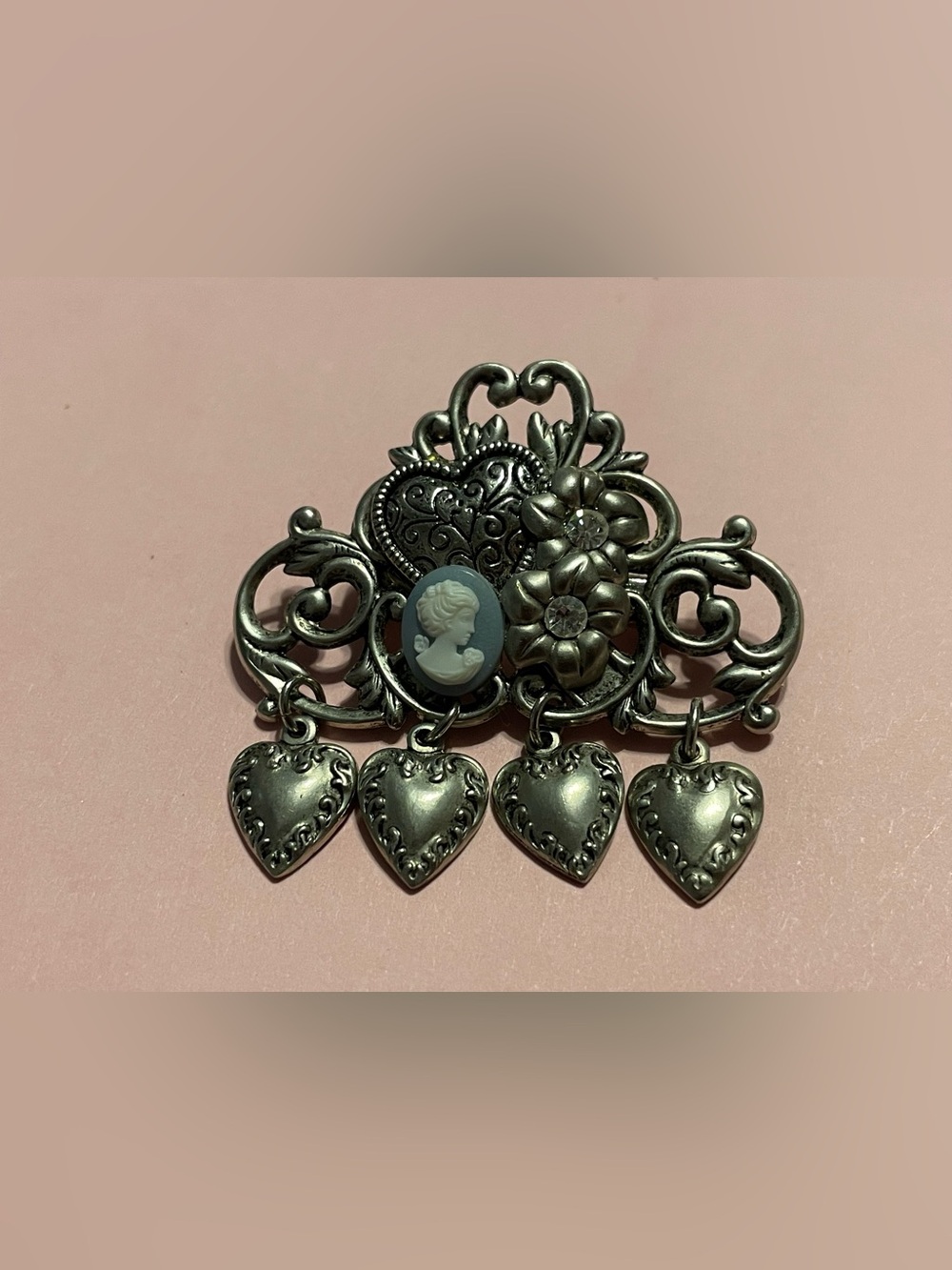 Silver Tone Heart Costume Cameo Dangling Brooch #7607